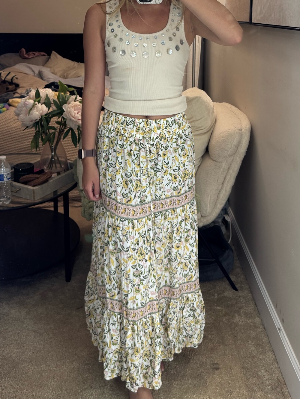 Japna Cream Maxi Skirt with Yellow & Green Floral Print